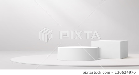3d white square and round podium stages. Realistic 3d vector showcase scenes or pedestals set against wall background with light shadow. Scene for beauty product display, exhibitions and presentations 130624970