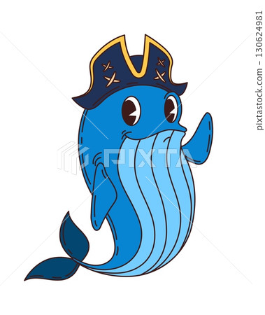 Cartoon funny blue whale pirate and corsair animal character, wearing captain tricorn hat, cheerfully waving. Isolated vector cute sea sperm buccaneer personage exudes retro hippie swashbuckler vibe 130624981