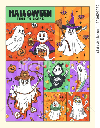Halloween scary groovy characters posters. Playful retro collage featuring cute cartoon ghosts dressed as cowboys, hippie, spooky witch, vampire and clown, surrounded by candies, pumpkins and stars 130624982