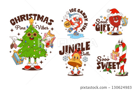 Christmas groovy hippie characters stickers and New Year t shirt prints, cartoon vector. Groovy stickers for winter holiday greetings with funky Christmas tree, candy cane and heart with Santa gifts 130624983