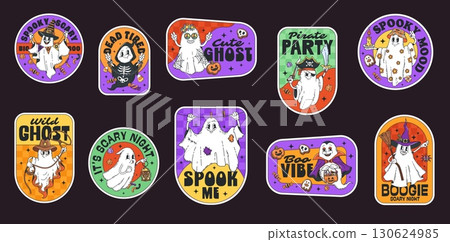Halloween holiday groovy labels and stickers or hippie patches, vector cartoon monsters. Groovy Halloween stickers with funny boo and ghosts in witch hat with horror quotes for trick or treat party 130624985