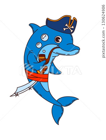 Cartoon shark pirate or corsair fish character of ship crew, vector animal personage. Caribbean pirate shark in captain tricorne hat with crossbones, smoking pipe and corsair saber or sailor sword 130624986