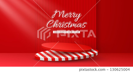 Christmas podium stage. 3d vector round platforms featuring a lower base decorated in white and red candy cane like diagonal stripes against red background for festive presentation and holiday events Christmas podium stage. 3d vector round platforms featuring a lower base decorated in white and red candy cane like diagonal stripes against red background for festive presentation and holiday events 130625004