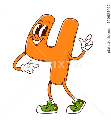 Cartoon groovy math number four character. Isolated vector funny digit 4 school education personage with googly eyes. Hilarious orange numeric symbol brings laughter to equation and whimsical learning 130625012
