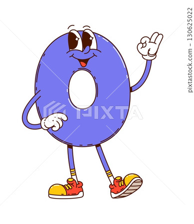 Cartoon groovy math number zero character. Isolated vector funny school numeral 0 education personage featuring cute, playful smiling face and bright purple color, ready for children arithmetic games 130625022