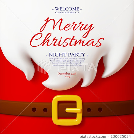 Christmas party invitation with Santa Claus costume festive red background, white fur trim and golden belt buckle. 3d vector holiday flyer, banner template for Merry Xmas or happy New Year celebration 130625034