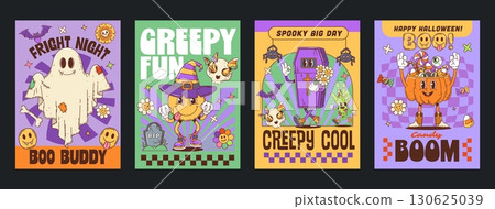 Groovy Halloween creepy and scary characters posters. Cartoon retro groovy ghost, zombie hand, pumpkin and coffin, hippie smile and skull characters vector posters, Halloween trick or treat night 130625039