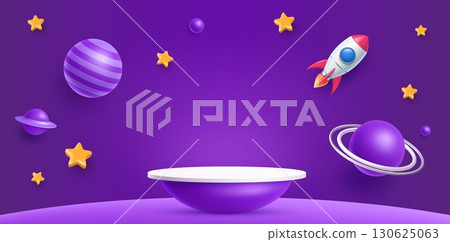 3d kids podium with planets, rocket and stars vector background. Baby product display platform, cute podium, kids presentation stage or scene with space galaxy purple sky and spaceship rocket 130625063