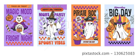 Groovy Halloween funny characters posters of vector horror ghost monsters. Halloween holiday party retro posters set of cartoon groovy ghost characters with trick or treat sweets in pumpkin basket Groovy Halloween funny characters posters of vector horror ghost monsters. Halloween holiday party retro posters set of cartoon groovy ghost characters with trick or treat sweets in pumpkin basket 130625083