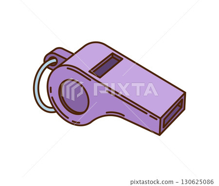 Cartoon groovy whistle. Isolated vector retro y2k sport accessory for games, referees and active lifestyle. Hippie funky object with purple color. Item for trainer or couch for signaling Cartoon groovy whistle. Isolated vector retro y2k sport accessory for games, referees and active lifestyle. Hippie funky object with purple color. Item for trainer or couch for signaling 130625086