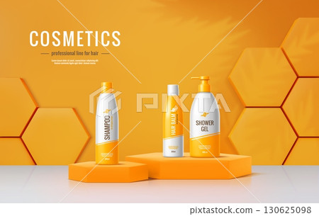 3d orange podium stage with cosmetic bottles and packages on vector honeycomb platforms. Realistic cosmetic products display stand, podium stage or scene with shampoo, balm and shower gel bottles 130625098
