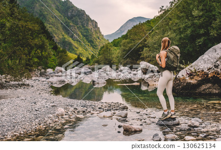 Woman Tourist in Alpine Mountain Landscape 130625134