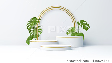 3d white podium stage with green monstera leaves. Realistic 3d vector background with round platforms or pedestals and arch for natural cosmetic products presentation in modern studio, empty mockup 130625155