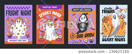 Funny groovy Halloween ghost characters posters, vector trick or treat horror night party. Cartoon retro y2k scary ghost and phantom boo characters, Halloween costumes and candies groovy posters set 130625180
