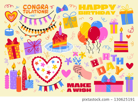 Set of retro cartoon birthday stickers. Party elements in doodle style, balloons, gifts, cakes, candles, bows, streamers, confetti. Illustrations for decorating parties, greetings, birthday, festival. 130625191