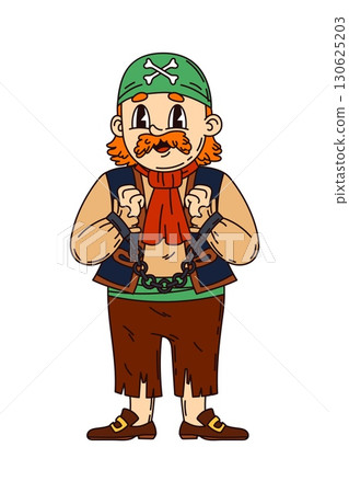Groovy funny pirate or corsair character, sailor prisoner in shackles, cartoon vector. Groovy Caribbean pirate skipper or corsair groovy character in bandana with crossbones as sailor in handcuffs 130625203