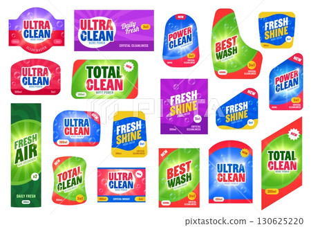 Label of cleanser, liquid soap and detergent packages. Vector set of cleaning product emblems for brands such as ultra, power and total clean, best wash, fresh shine and fresh air household production 130625220