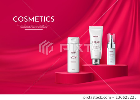3d red podium stage with white cosmetic bottles and tube. Vector realistic skin care product display podium with modern minimal platforms. Round red pedestal, stage or scene, fabric drapery background 130625223