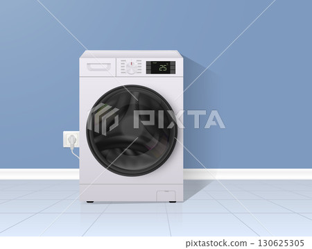 Realistic vector illustration of a washing machine on tiles near baseboard with shadows. Clean blue background and modern household composition. Realistic vector illustration of a washing machine on tiles near baseboard with shadows. Clean blue background and modern household composition. 130625305