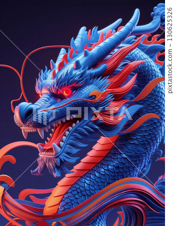 A powerful and stylized 3D illustration with intricate scales and a modern red and blue color scheme. 130625326