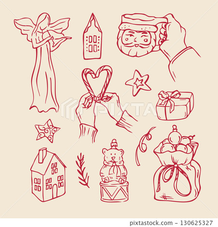 Christmas outline doodles vinous on beige background Christmas outline doodles vinous on beige background 130625327