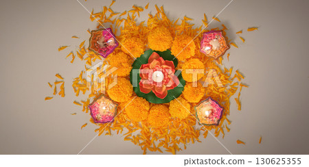 Diwali Celebration. Colorful Rangoli with Marigold Flowers and Diyas for Festival of Lights Diwali Celebration. Colorful Rangoli with Marigold Flowers and Diyas for Festival of Lights 130625355