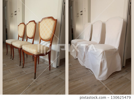 Renewal of old vintage furniture. Chairs and white covers. Interior design in apartment. 130625479
