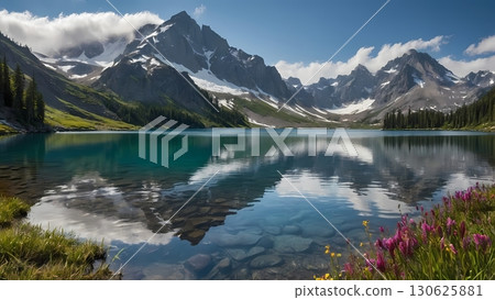crystal-clear alpine lake nestled among rugged, snow-capped mountains with shimmering waters reflecting the towering peaks, a gentle mist hugging the shoreline, and the vibrant hues of wildflowers 130625881