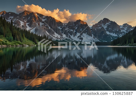 crystal-clear alpine lake nestled among rugged, snow-capped mountains with shimmering waters reflecting the towering peaks, a gentle mist hugging the shoreline, and the vibrant hues of wildflowers 130625887