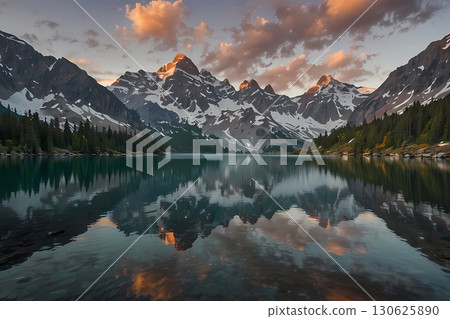 crystal-clear alpine lake nestled among rugged, snow-capped mountains with shimmering waters reflecting the towering peaks, a gentle mist hugging the shoreline, and the vibrant hues of wildflowers 130625890