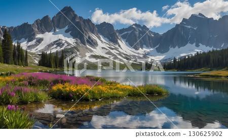 crystal-clear alpine lake nestled among rugged, snow-capped mountains with shimmering waters reflecting the towering peaks, a gentle mist hugging the shoreline, and the vibrant hues of wildflowers 130625902