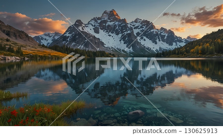 crystal-clear alpine lake nestled among rugged, snow-capped mountains with shimmering waters reflecting the towering peaks, a gentle mist hugging the shoreline, and the vibrant hues of wildflowers crystal-clear alpine lake nestled among rugged, snow-capped mountains with shimmering waters reflecting the towering peaks, a gentle mist hugging the shoreline, and the vibrant hues of wildflowers 130625913