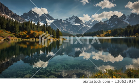 crystal-clear alpine lake nestled among rugged, snow-capped mountains with shimmering waters reflecting the towering peaks, a gentle mist hugging the shoreline, and the vibrant hues of wildflowers crystal-clear alpine lake nestled among rugged, snow-capped mountains with shimmering waters reflecting the towering peaks, a gentle mist hugging the shoreline, and the vibrant hues of wildflowers 130625914