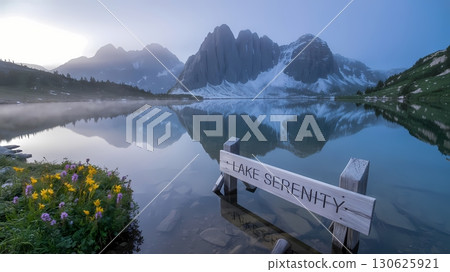 crystal-clear alpine lake nestled among rugged, snow-capped mountains with shimmering waters reflecting the towering peaks, a gentle mist hugging the shoreline, and the vibrant hues of wildflowers 130625921