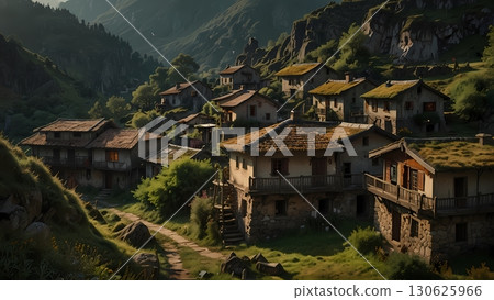 Nestled in the cradle of towering peaks, the mountain hamlet exudes an aura of ancient mystique. Nestled in the cradle of towering peaks, the mountain hamlet exudes an aura of ancient mystique. 130625966