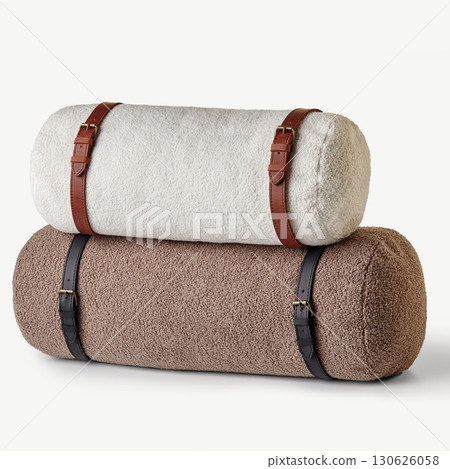 Two fluffy bolster pillows with leather straps on white background Two fluffy bolster pillows with leather straps on white background 130626058