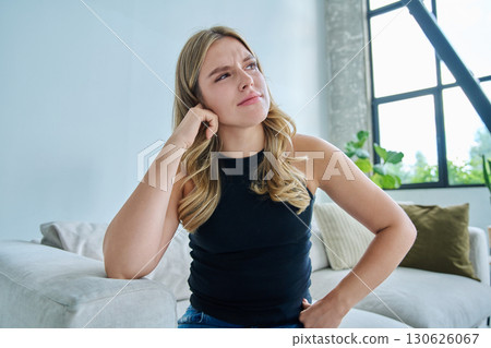 Web cam view of young woman talking looking in camera, online meeting, video call 130626067