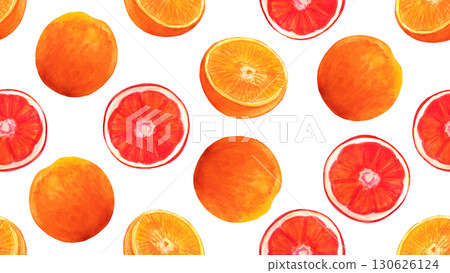 Seamless pattern with red orange fruits, citrus whole and slices, background. Hand drawn watercolor illustration for tropical wallpaper 130626124