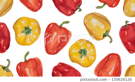 Watercolor bell pepper seamless pattern. Fall harvest background with vegetables of wrapper, packaging, farm market banner 130626126