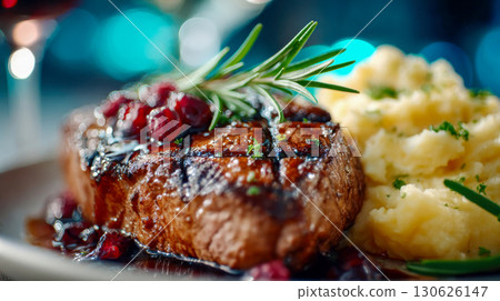 Juicy grilled steak with cranberry sauce, rosemary garnish, and creamy mashed potatoes served on a dinner plate 130626147