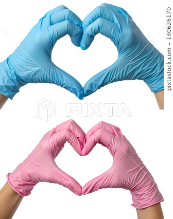 Two hands in blue and pink medical gloves forming a heart shape, healthcare solidarity and thank you concept 130626170