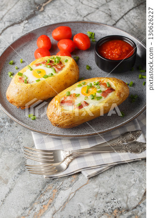 Twice baked potatoes with bacon and egg close-up in a plate. vertical Twice baked potatoes with bacon and egg close-up in a plate. vertical 130626227