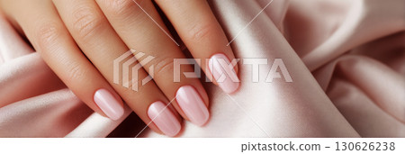 Well-manicured hands showcase a classic French manicure, gently placed on luxurious satin fabric, creating a serene and stylish atmosphere perfect for relaxation, banner 130626238