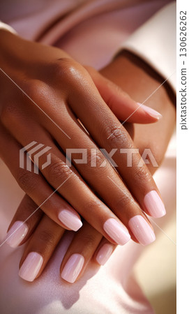 Well-manicured hands showcase a classic French manicure, gently placed on luxurious satin fabric, creating a serene and stylish atmosphere perfect for relaxation 130626262