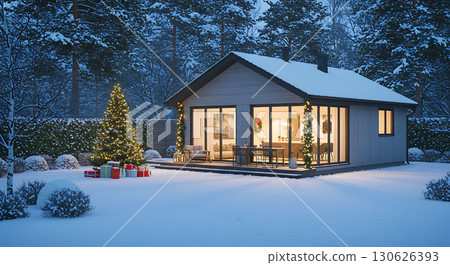 Cozy cabin with warm lights surrounded by snow; a decorated Christmas tree and colorful gifts enhance the festive spirit. Snow-covered trees and bushes complete the serene winter scene 130626393
