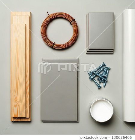Wooden planks, coiled wire, grey panels, metal screws, white paint can, and a rolled sheet neatly arranged on a grey surface, showcasing construction materials 130626406