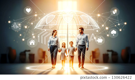 Family of four holding hands stands under a glowing digital umbrella with various icons including heart, home, and tree, symbolizing protection and connectivity in a modern setting 130626422