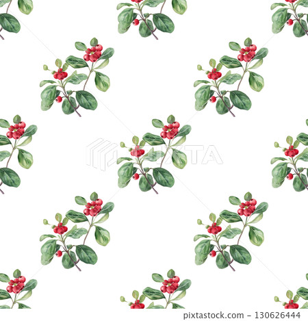 Watercolor repeating pattern of lingonberry sprigs with vibrant red berries and delicate leaves. Versatile design for organic product labels Watercolor repeating pattern of lingonberry sprigs with vibrant red berries and delicate leaves. Versatile design for organic product labels 130626444