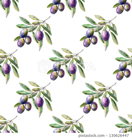 Seamless pattern with watercolor olive branches and botanical elements on clean white background. Ideal for eco-friendly branding and packaging 130626447