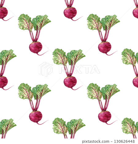 Watercolor repeating pattern of beetroots with textured skin and leafy tops. Versatile design for healthy food labels and culinary content 130626448
